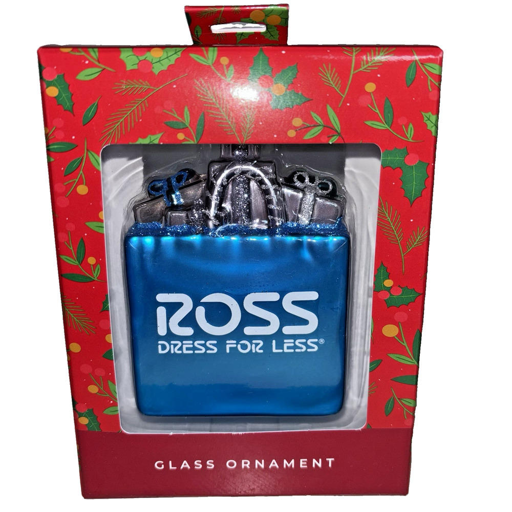Ross Dress For Less Blue Christmas Shopping Bag Presents Glass Ornament